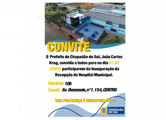 Imagem de compartilhamento para o artigo Prefetura inaugura recepção do Hospital Municipal amanhã em Chapadão do Sul da MS Todo dia